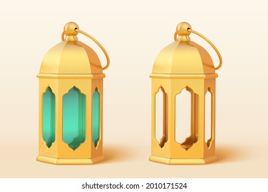 Set of 3d illustration golden lanterns on beige background, one with green glass and the other without