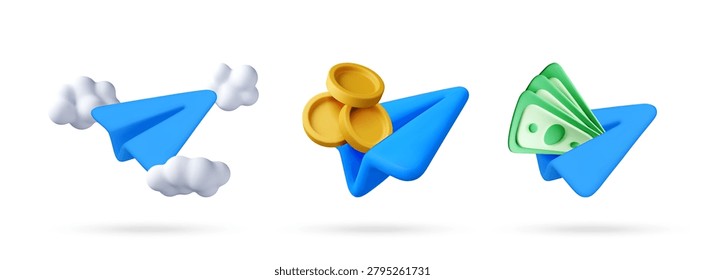 Set of 3D illustration paper airplane flying with clouds, gold coins, and paper money. Concepts of digital messaging, financial transaction, currency transfer, and online banking. Vector illustration