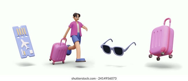 Set of 3D illustration for travel concept. Airline ticket with perforation, suitcase, sunglasses, male character in hurry with luggage. Isolated objects in cartoon style