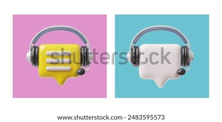 Set of 3D illustrations in cartoon style showcasing dialog boxes and headphones designed for call center and online consultation service concepts on colorful isolated backgrounds.