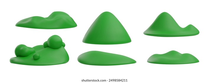 A set of 3D illustrations depicting a lush green landscape. It includes hills, grassy lawns, fields and shrubs on the islands, on a white background