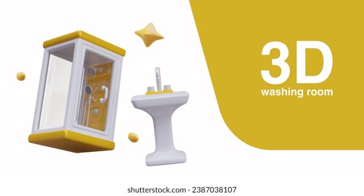 Set of 3D illustrations, elements for washing room. Shower cabin with transparent walls, sink, golden bubbles, star. Templates for advertising detergents, cleaning services