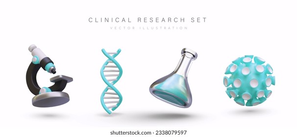 Set of 3D images of clinical research. Detailed illustrations of microscope, DNA double helix, flask with liquid, coronavirus. Vector icons in cartoon style