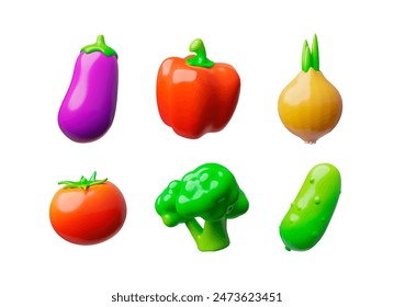 Un conjunto de Imágenes 3D de verduras frescas brócoli, berenjena, pimienta, cebolla. tomate, pepino para ensaladas orgánicas nutritivas. Ilustraciones de una dieta vegetariana