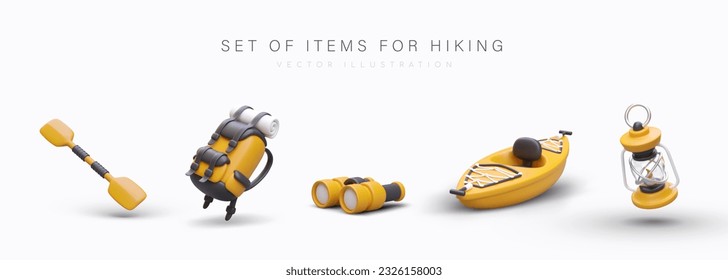 Set of 3D images for hiking and kayaking. Yellow oar, backpack, binoculars, boat, kerosene lamp. Healthy lifestyle, travel. Concept for web design in cartoon style svg