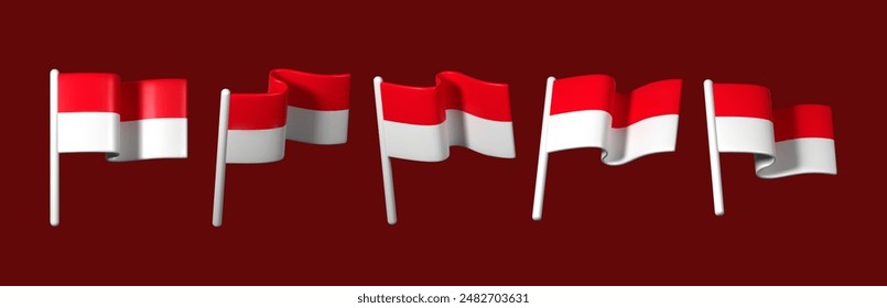 Set of 3D Indonesian flags in various dynamic positions. Perfect for design projects, presentations, and promotional materials.