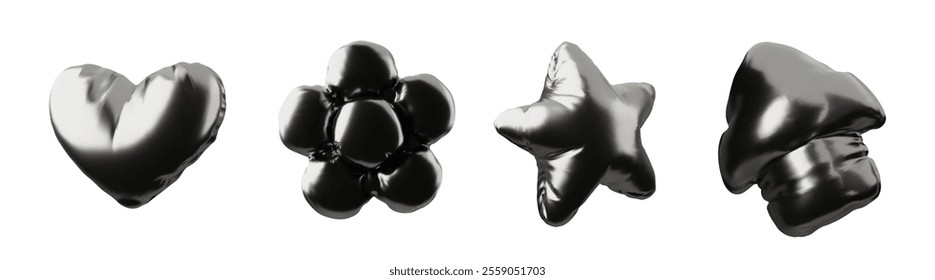 A set of 3D inflatable balloons with a heart, a star, an arrow and a daisy. Glossy black metallic vector graphics on a white background for special occasions.