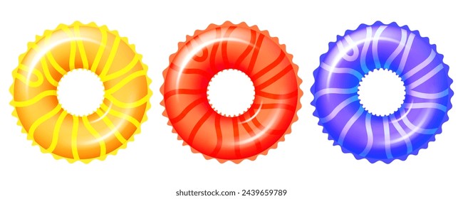 Set of 3d inflatable swim rings isolated on transparent background. Realistic swimming circle, top view. Summertime symbol. Vector illustration