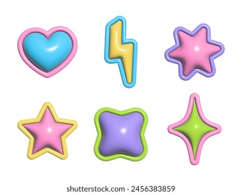 Set of 3d inflated elements with plasticine effect in y2k style. Heart, lightning, stars. Vector illustration