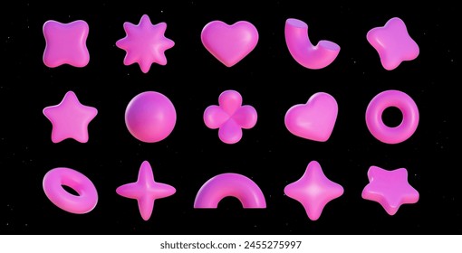 Set of 3D inflated geometric shapes, pink plastic elements for design in Y2K style. Vector 3D rendered shapes in retro futurism aesthetics.