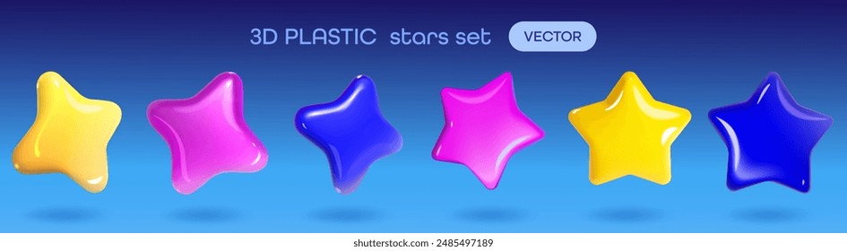 Set of 3d inflated stars. Various shapes of colored stars with a glossy effect. Elements for parties, birthday cards, games, rating icon, business quality reviews, awards. Vector