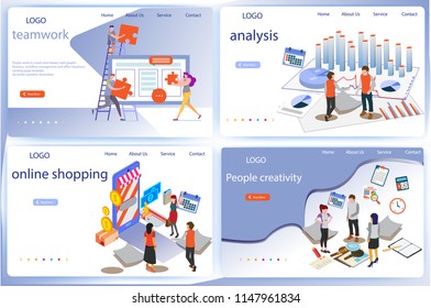 Set of 3d infographic business data analysis, Landing page template,charts and analyzing statistics, Business, workflow management and office situations, People interacting with a dashboard 