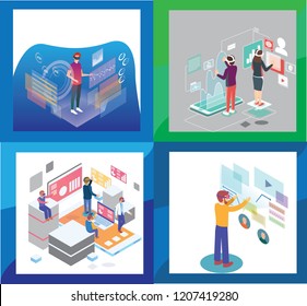 Set of 3d infographic business data analysis, Landing page template,charts and analyzing statistics, Business, workflow management and office situations, People interacting with a dashboard 