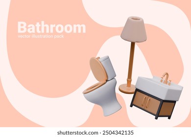 Set of 3D interior elements for bathroom. Toilet, floor lamp with lampshade, washbasin with locker