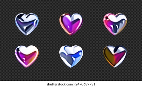 Set of 3d iridescent chrome hearts. Y2k style. Holographic vector design elements isolated on dark backdrop