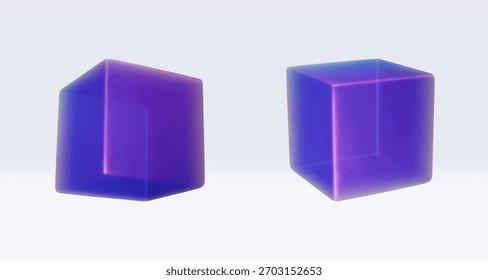 Set 3d cubo de holograma iridiscente, cuadrado, paralelepípedo. Representar la figura de geometría en colores púrpura, rosa, azul. Ilustración vectorial aislada en blanco para proyectos de diseño, presentación, ADV