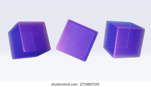 Set 3d cubo de holograma iridiscente, cuadrado, paralelepípedo. Representar la figura de geometría en colores púrpura, rosa, azul. Ilustración vectorial aislada en blanco para proyectos de diseño, presentación, ADV