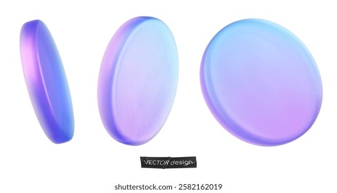 Set 3d iridescent hologram disk, coin, podium, pedestal. Render figure with purple, pink, blue colors. Vector illustration isolated on white for design projects, product display, presentation, adv