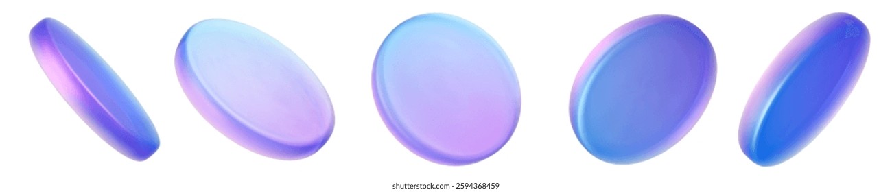 Set 3d iridescent hologram disk, coin, podium, pedestal. Render figure with purple, pink, blue colors. Vector illustration isolated on white for design projects, product display, presentation, adv