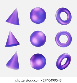 Set 3d iridescent hologram figure. Render geometry figure in purple, pink, blue colors. Vector illustration isolated on white for design projects, product display, presentation, adv