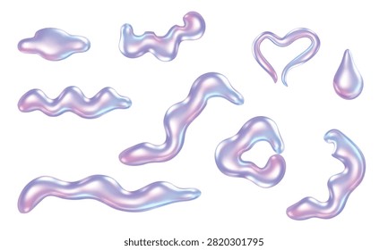 Set of 3D iridescent liquid fluid blobs, chrome squiggles, and glossy holographic drops isolated on a transparent background for Y2K design, posters, and modern digital art.