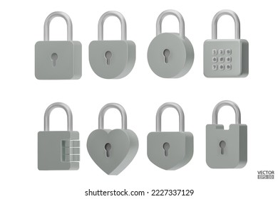conjunto de iconos de Padlock de hierro 3D aislados en fondo blanco. Icono de bloqueo mínimo. Ilustración vectorial 3d.