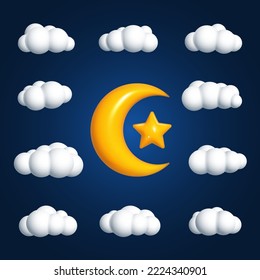 Conjunto de nubes tridimensionales aisladas de rizos, luna y estrella.Viñeta brillante de dibujos animados 3D, luna y estrella. Diseño 3D realista. Ilustración vectorial para niños.