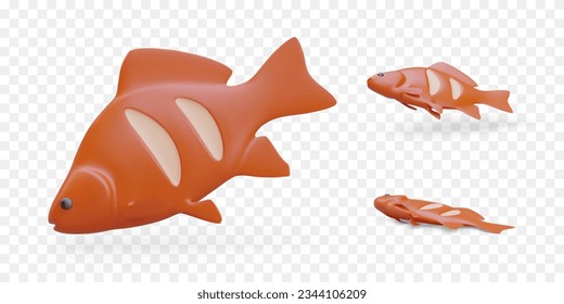 Set of 3D isolated images of grilled fish in different positions. Red vector fish in cartoon style. Main meal without side dish. Template for design of fish products, goods