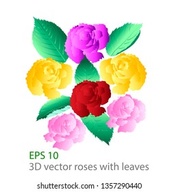 Set of 3D isolated roses and leaves