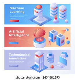 Set of 3D isometric Artificial intelligence (AI) deep learning with digital brain banner concept. Future technology. Business illustration.