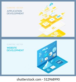 el conjunto de banners isométricos 3d ilustración , conceptos para el diseño de sitios web, desarrollo de aplicaciones y sitios web, desarrollador, programador con el tema azul y naranja,
