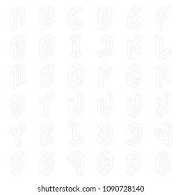 Set of 3D isometric black and white alphabet font with number worksheet. coloring page for children education. connect the dots and restore dashed line game. Vector illustration.