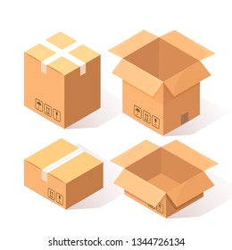 Set of 3d isometric carton, cardboard box isolated on white background. Transportation package in store, distibution concept. Vector cartoon design