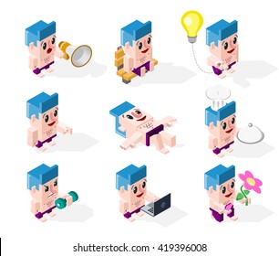 Set of 3D Isometric Cartoon Businessmen in Action on White Background. Isolated Vector Elements.