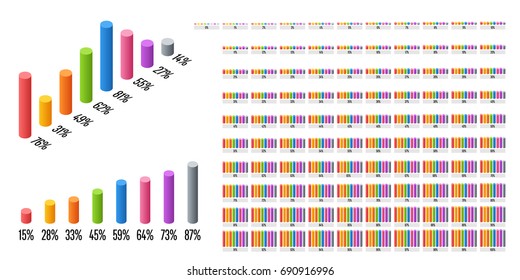 Set of 3D isometric cylinder percentage bar chart from 0 to 100 ready-to-use for web design, user interface (UI) or infographic - red, yellow, green, blue, purple and gray