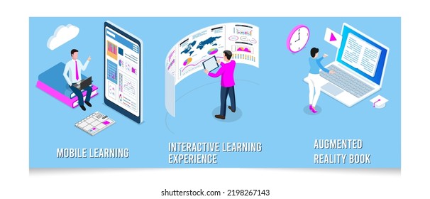 Set of 3D isometric E-learning platform, innovative education and online courses concept. Can use for web banner or infographics. Vector illustration eps10