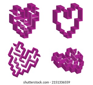 Set of 3d isometric hearts. Four pink parallelepiped symbols of love. 3 of them with a simple labyrinth inside.
Vector modern style geometric logo or icon isolated on white background.