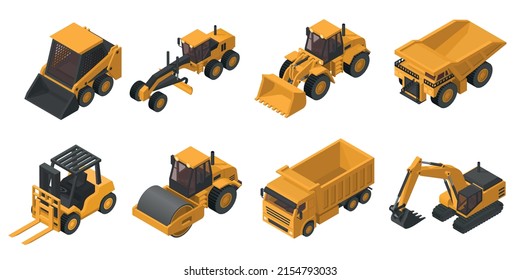 Set of 3D isometric heavy machinery used in the construction and mining industry,, front loader, dump truck, excavator, skid steer, mining truck, motor grader, soil compactor and lift truck