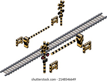 Conjunto de ilustraciones isométricas 3D de vías ferroviarias y interruptores de circuito. Fondo blanco, material 3D para infografías. Líneas principales disponibles. Concepto de transporte.