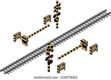 Set of 3D isometric illustrations of railroad tracks and circuit breakers. White background, 3D material for infographics. Without main lines. Transportation concept.