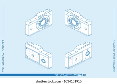 Set 3D isometric line art photo cameras isolated on the light background. Cameras with a lens and a display with a grid. Flat vector illustration EPS10