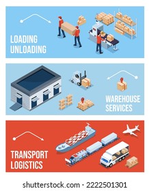 Conjunto de banner de servicio logístico global moderno e isométrico 3D con servicios de entrega de transporte marítimo, de camiones y aéreo para la exportación, la importación y el comercio de almacenes. Ilustración del vector EPS 10