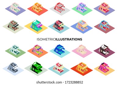 Set of 3D isometric modern private house, cafe, coffe shop, restaurant, motel illustrations in different styles and colors.
