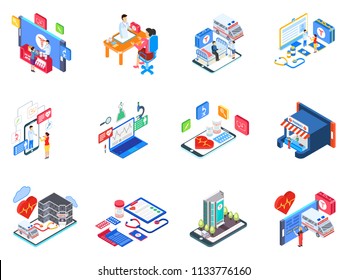 Set of 3d isometric online Health Care services elements and equipments.