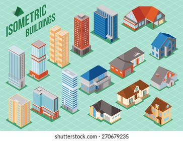 Set Of 3d Isometric Private Houses And Tall Buildings Icons For Map Building. Real Estate Concept. Vector Illustration