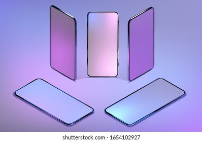 Set 3D isometric realistic colorful smartphone mockup. Template for infographics and UI design. Phone frame with blank display isolated templates. Vector cell phone concept