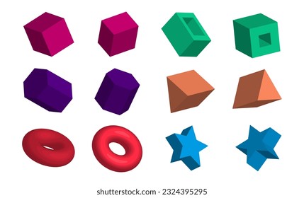 Set of 3D isometric shapes. Collection of colorful geometric objects for use in graphic design. Vector illustration isolated on white background.