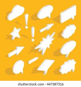 Set Of 3d Isometric Speech Bubbles With Shadow. Includes Circle, Star And Rectangle Shapes, Isometric Arrows, Clouds, Exclamation Marks.