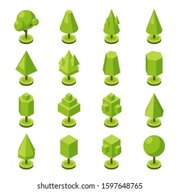 Set of 3d isometric stylized green trees. City plants collection. Ball, cube, trapezoid, pyramid, cone, prism. Geometric shape icons for isometric maps, games and design. Vector illustration.