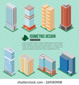 Set Of 3d Isometric Tall Buildings Icons For Map Building. Real Estate Concept. Vector Illustration.